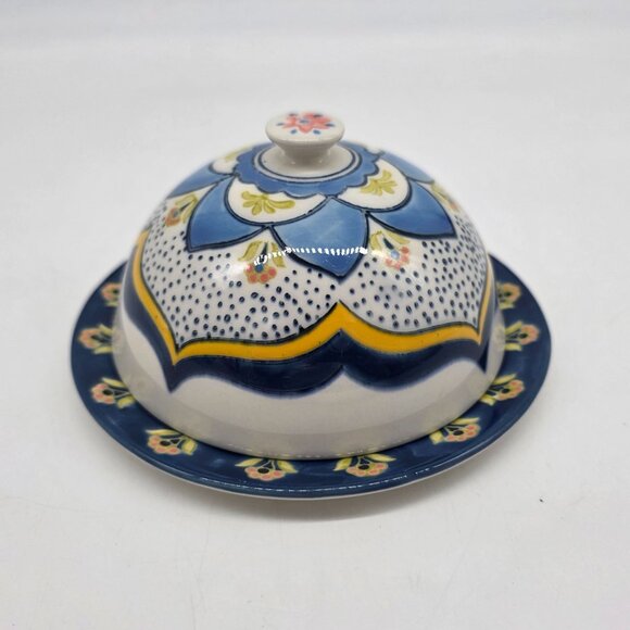Hand-Painted Ceramic Domed Butter Dish With Lid - Floral Pattern - Blue/White/Ye - Picture 9 of 11
